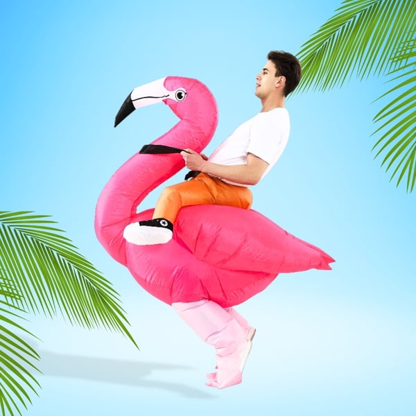 Oppustelig flamingo-dragt, selvoppusteligt lyserødt kostume