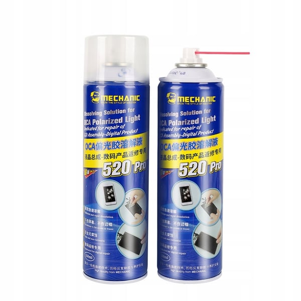 Mechanic 520 Pro Spray - Professionel OCA-limopløsningsmiddel til LCD-skærme | 550 ml | Sikker for skærm og ramme | Virker hurtigt | Til GSM- og elektronikværksteder