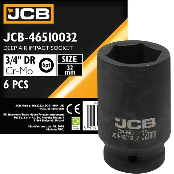 JCB DYB SLAGTOPPENØGLE 3/4" Cr-Mo 6-kant 32 mm