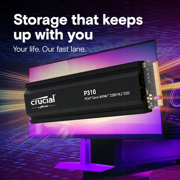 Crucial P310 1TB M.2 PCIe 4.0 NVMe 2280 SSD (7100/6000 MB/s) med køleplade