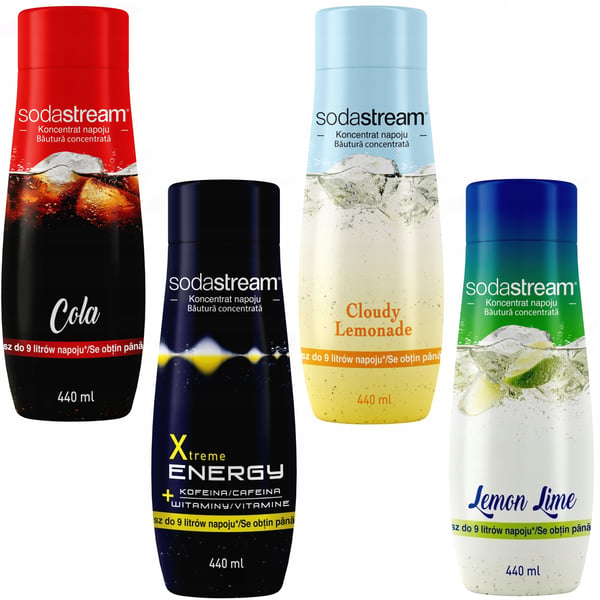 4 SodaStream-tiivisteen setti: Cola+Energy+Limonade+Sitruuna-Lime