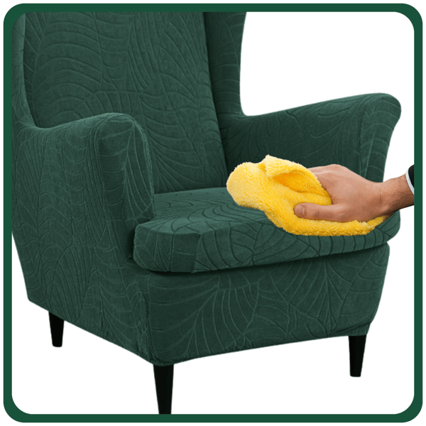 Päällinen siipimäiseen nojatuoliin, pullonvihreä sametti, jacquard-kuvio, kuminauha [30-Z3-ZLB]