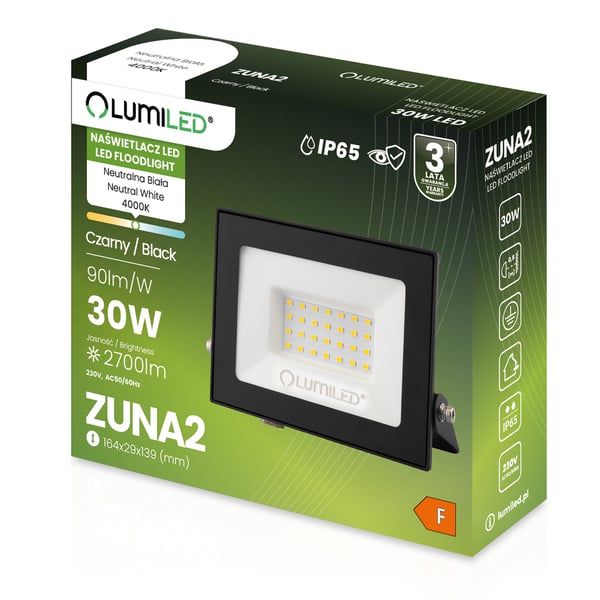 ZUNA2 LED projektør 30W 2700lm 4000K IP65 Sort LUMILED