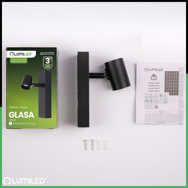 Væglampe LED Spotlight Loft Flytbar Wall Spot E27 GLASA Sort Lumiled