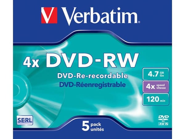 Verbatim 4,7 GB x 4 matsølvfarvede DVD-RW-diske (5-jewel case)
