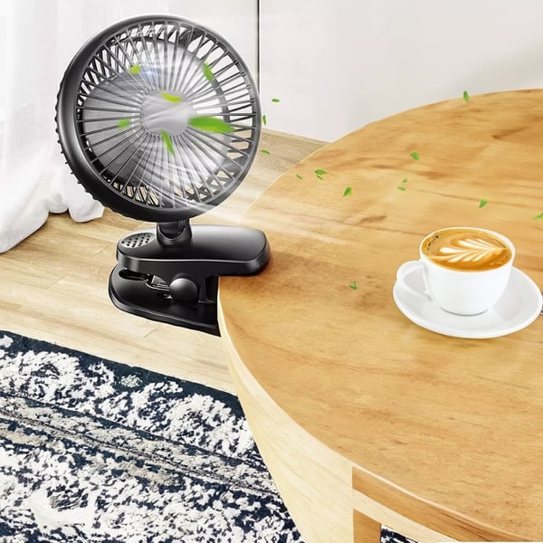 Ventilator med klips, miniventilator, USB-opladning, mobil, sort, skrivebord