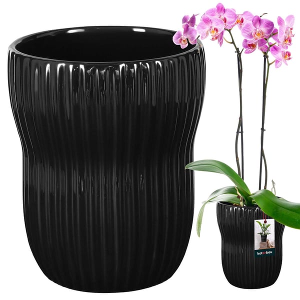 KOTARBAU® Blomkruka 11,5 cm svartglaserad keramik räfflad dekorativt lock balkonkruka