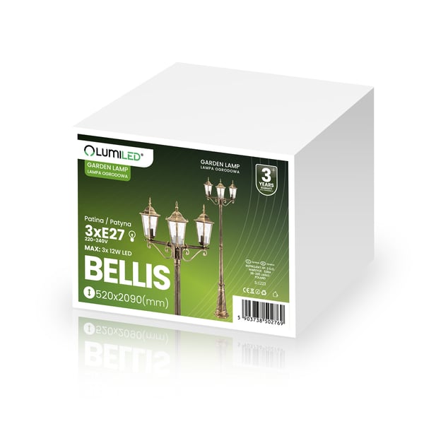 Ulkopuutarhavalaisin 3xE27 lyhtypylväs 2m Patina BELLIS LUMILED