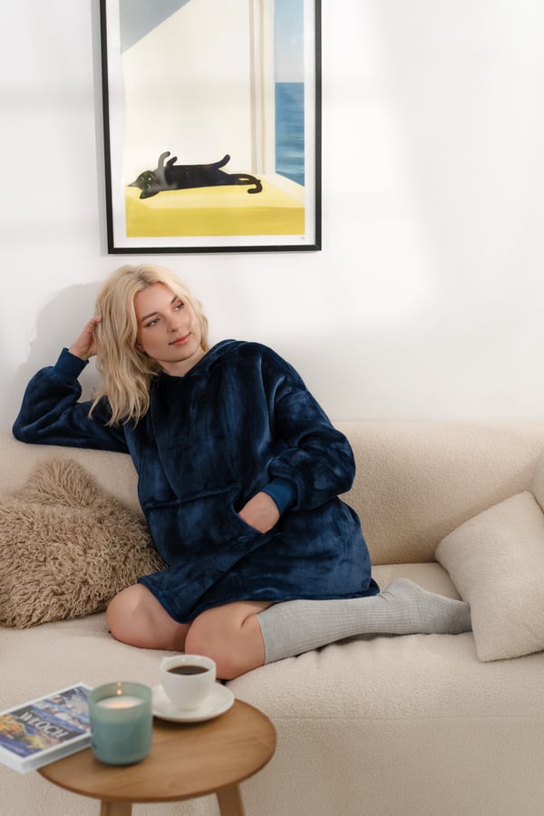 Tæppe sweatshirt tæppe sweatshirt tyk oversize med hætte 2 i 1 marineblå komfortabel gave