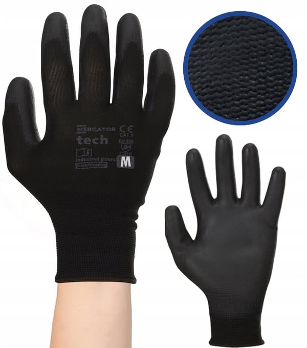 Mercator Tech svarta + svarta PU-arbetshandskar - M - 1 par