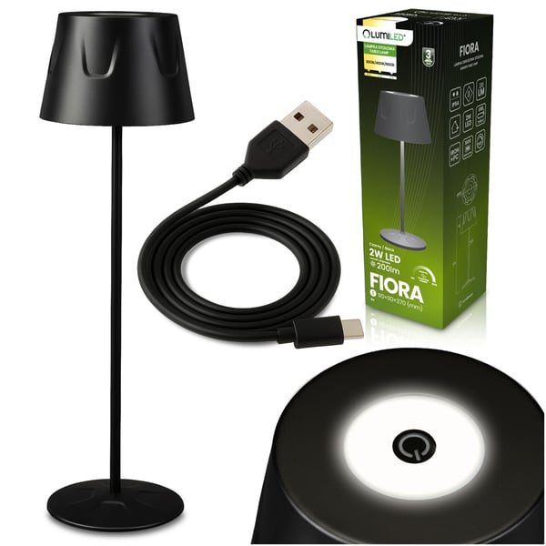 LED-puutarhavalaisin, seisova, koristeellinen, pöytävalaisin, yövalaisin, USB, himmennettävä, kosketusvalaisin, musta, FIORA LUMILED
