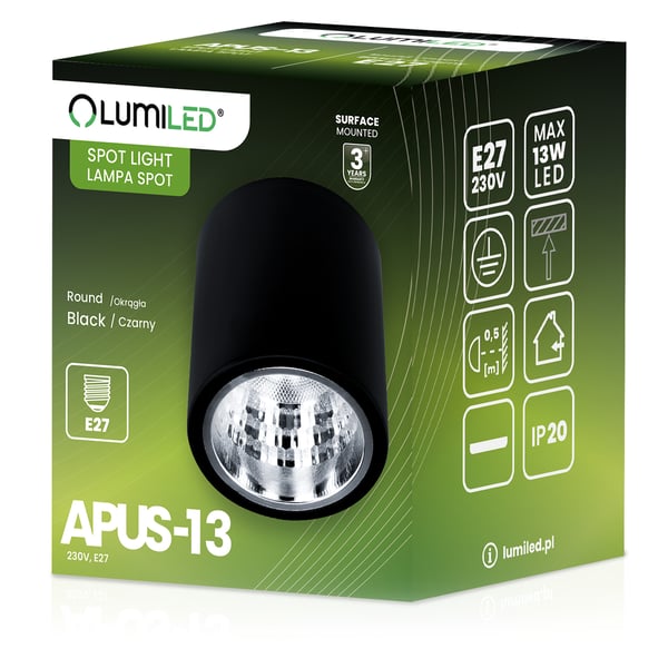 Fast rund loftslampe til påbygning APUS 13 spot TUBA sort E27