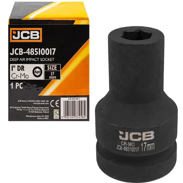 JCB SLAGTOPPENØGLE dyb 1" 17 mm 6-punkts Cr-Mo topnøgle