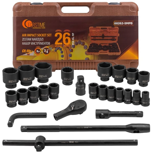 Slagtopnøgler 3/4'' 17-65 mm 6-punkts 26-delt kuffert