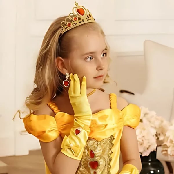 Bella Guld Prinsesse Kostume Sæt - Krone, Scepter, Handsker, 7 Dele