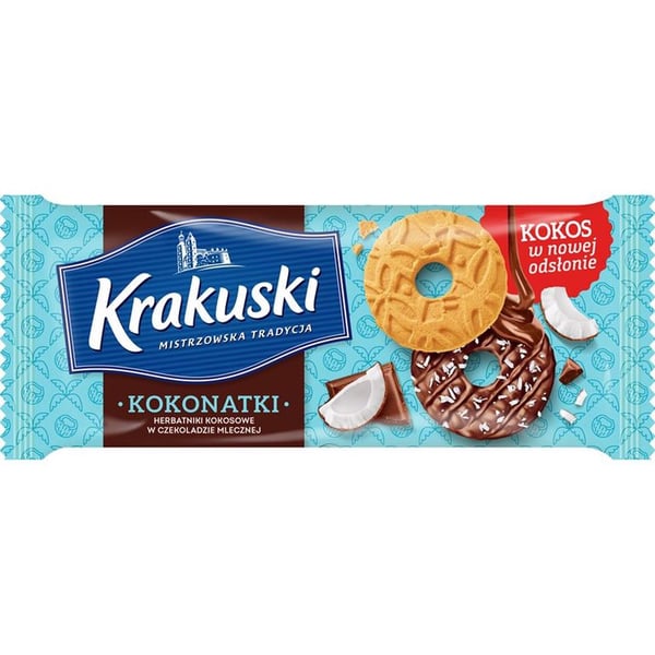 Krakuski Kokonatki Kookoskeksejä maitosuklaassa 174 g Krakuski Kokonatki Kookoskeksejä maitosuklaassa 174 g