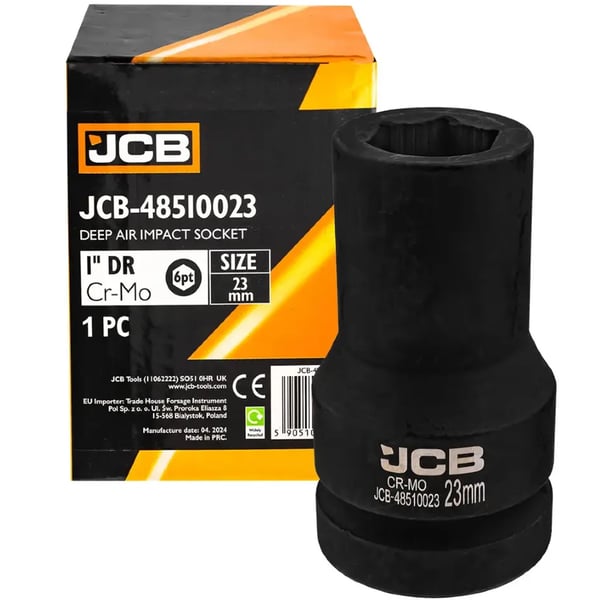 JCB SLAGTOPPENØGLE dyb 1" 23 mm 6-kant Cr-Mo topnøgle