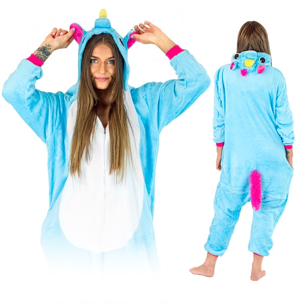 Herrepyjamas pegasus kigurumi onesie karneval varm udklædning kostume m Onesie kostume blå/lyserød pegasus - M