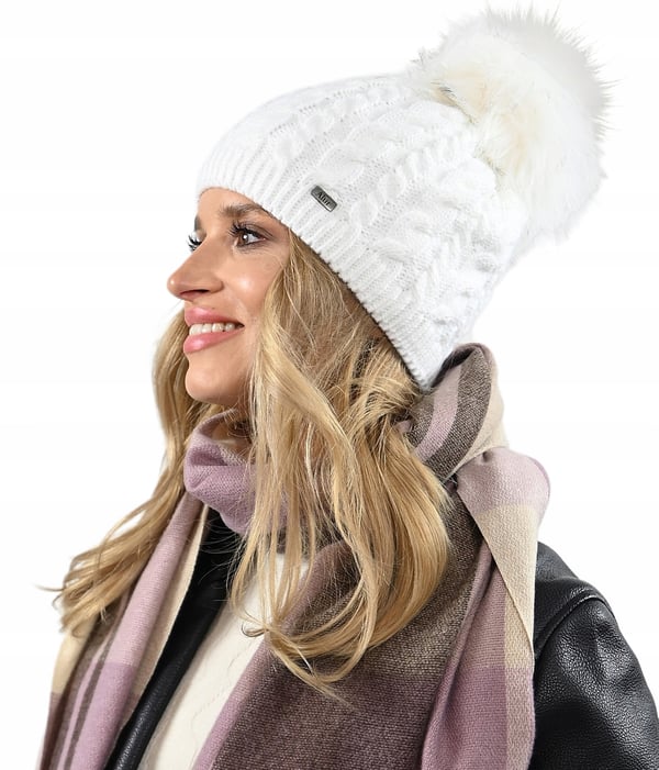 Vit varm damvintermössa med pompom, isolerad med fleece beanie universalstorlek