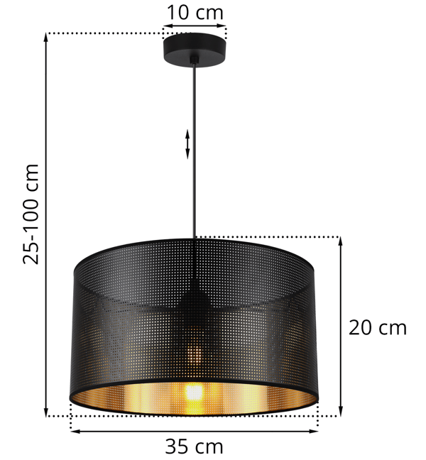 ASTI MUSTA RIIPPUVALAISIN, 1 LITTEÄ MUSTA JA KULTAINEN VARJOSTIN, 35 CM
