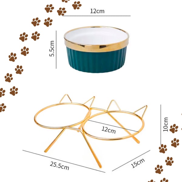 Sæt med 2 x 300ml dobbeltskåle til kat og hund på stativ, keramik, guldører, PetJet