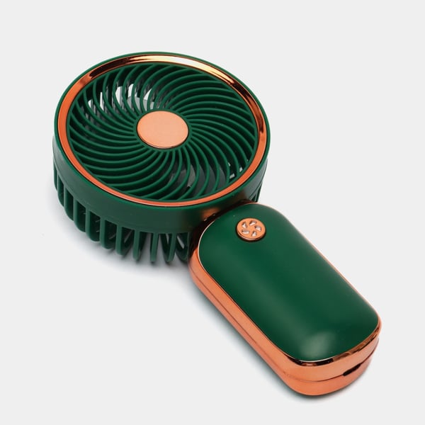 Mini lommeventilator i rosaguld med USB-genopladeligt batteri og stativ