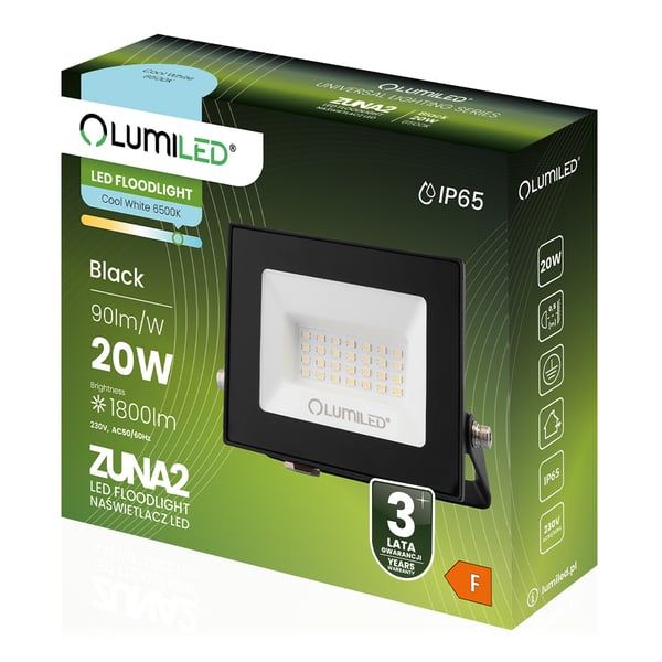 LED-valonheitin ZUNA2 20W 1800lm 6500K IP65 musta LUMILED