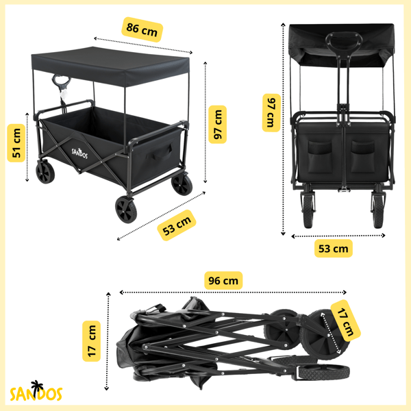 Strandklapvogn med kaleche, trailer, 100 kg, sort, foldbar, til strandferier
