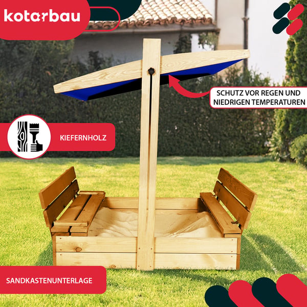 Kotarbau® Suuri puinen hiekkalaatikko sinisellä katolla, suljettu ja penkeillä, 100 x 100 cm