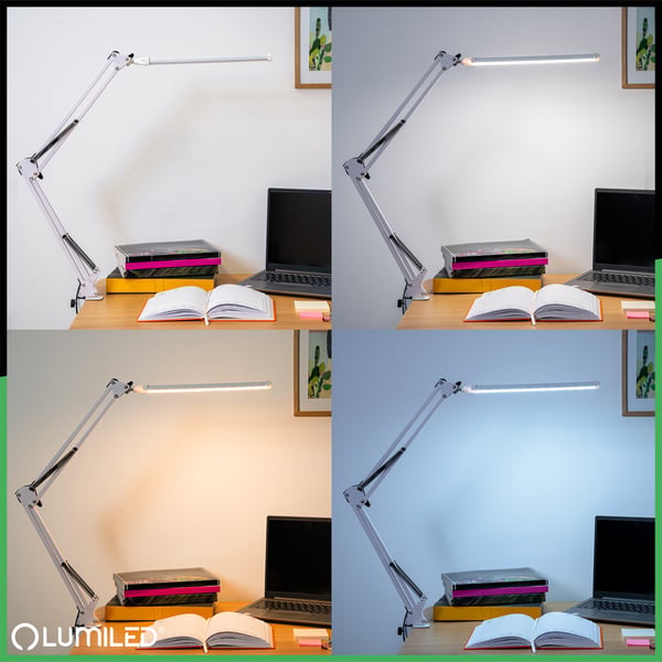 Pöytävalaisin LED-tekniikka Cosmi 8W CCT USB-himmentävä valkoinen kiinnikkeellä Lumiled