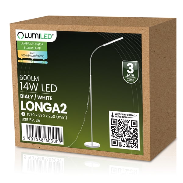 Golvlampa LED 14W CCT dimbar med höjdjustering LONGA 2 vit LUMILED