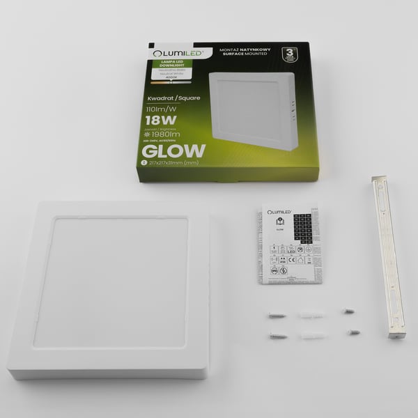 Utanpåliggande LED-taklampa 18W fyrkantig 4000K GLOW vit LUMILED