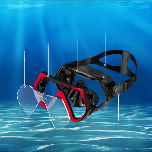 Dykset mask med slang, snorkel och simglasögon för snorkling