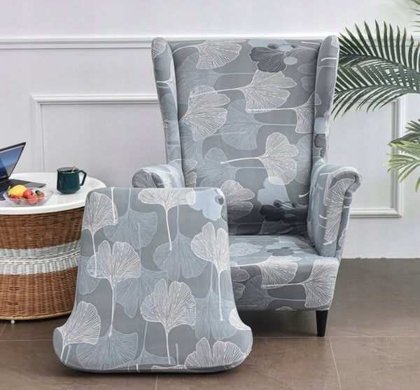 Päällinen siipiselle nojatuolille, harmaa, lehtikuvio, kuminauha [22EW8]