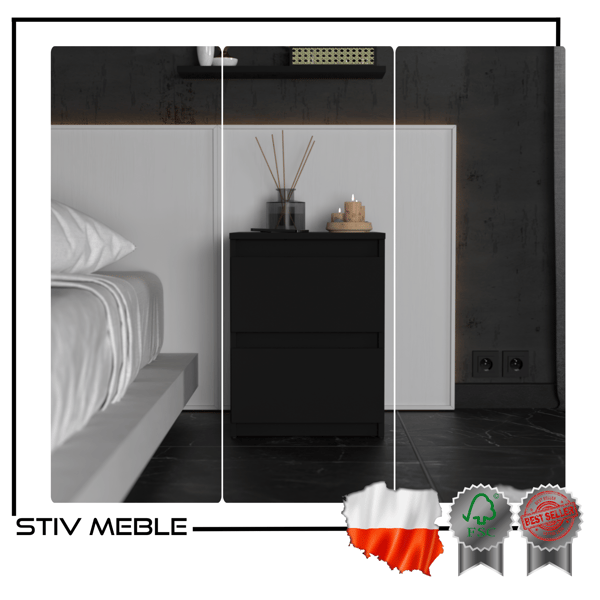 SORT NAGTSKAB 40CM 2 SKUFFER STOR HØJ NATGBORD NAKASTLIK LOFT