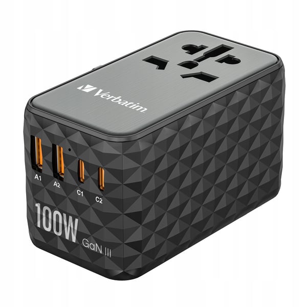 Verbatim UTA-06 GaN III globaali matkasovitin 2xUSB-C PD QC 4+ 100W, 2xUSB-A QC 3.0 18W