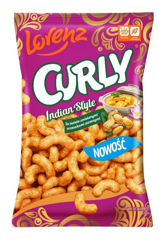 Lorenz lockiga majschips med färska gröna jordnötter och currysmak 100g