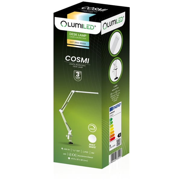 Pöytävalaisin LED-tekniikka Cosmi 8W CCT USB-himmentävä valkoinen kiinnikkeellä Lumiled