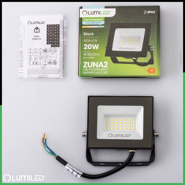 LED-valonheitin ZUNA2 20W 1800lm 6500K IP65 musta LUMILED