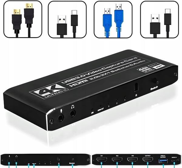 VIDEON TALLENNUS HDMI 2.0 -KAAPPARI 3x1 SUORATOISTOLLE 3 NÄYTTÖÄ - 1 NÄYTÖN USB-KORTTI