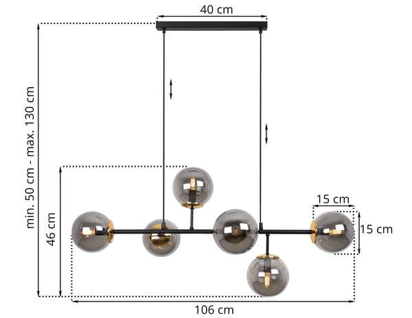 SIENA LOFTLAMPE SORT OG GULD 6 FLAD GRAFITLAMPE E14 LANGE ARME