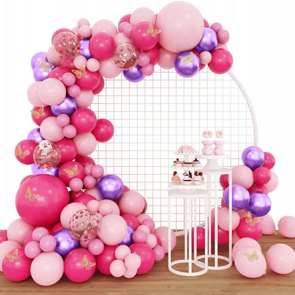 Ballongirlande sommerfugle pink lilla balloner til fødselsdag 1. fødselsdag xxl 133 stk.