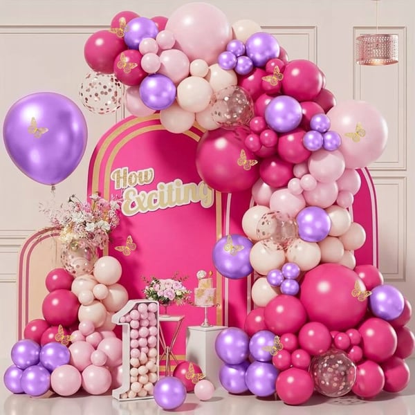 Ballongirlande sommerfugle pink lilla balloner til fødselsdag 1. fødselsdag xxl 133 stk.