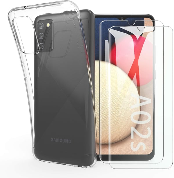 Etui til Samsung Galaxy A02s gennemsigtigt 2x hærdet glas SM-A025F
