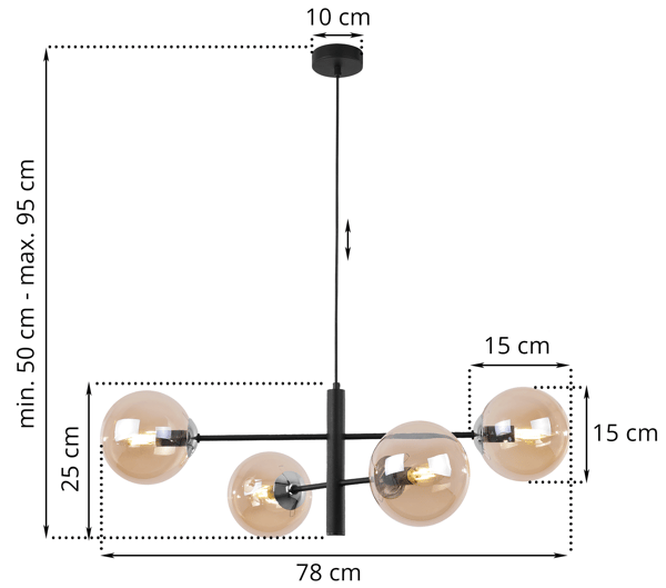 VICENZA HÆNGELAMPE SORT KROM 4 FLAD HONNINGLAMPE E14