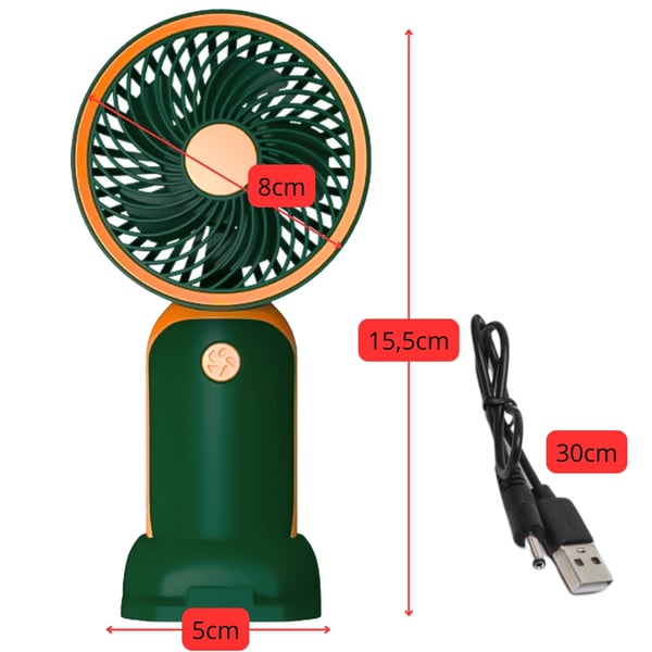 Mini lommeventilator i rosaguld med USB-genopladeligt batteri og stativ