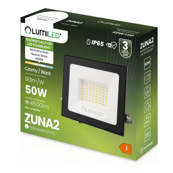 LED-strålkastare ZUNA2 50W 4500lm 4000K IP65 svart LUMILED