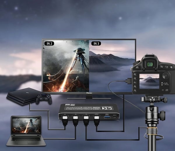 VIDEON TALLENNUS HDMI 2.0 -KAAPPARI 3x1 SUORATOISTOLLE 3 NÄYTTÖÄ - 1 NÄYTÖN USB-KORTTI