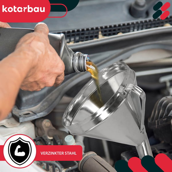 KOTARBAU galvaniserad metalltratt med sil, vinklad för olja och bränsle, skål 23 cm