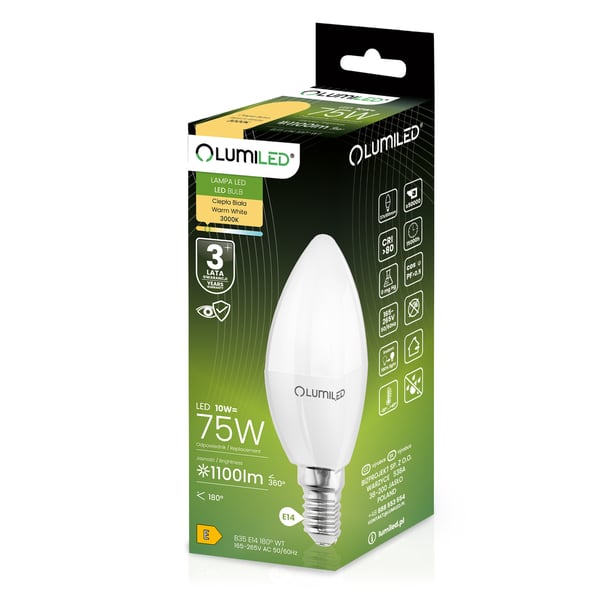 6x LED-pære E14 kerteformet B35 10W = 75W 1100lm 3000K varm 180° LUMILED